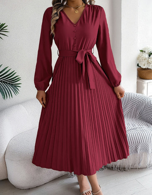 Load image into Gallery viewer, Pleated Tied V-Neck Long Sleeve Dress
