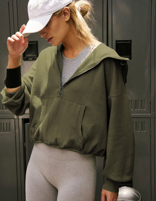 Load image into Gallery viewer, Half Zip Pocketed Dropped Shoulder Hoodie
