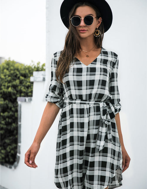 Load image into Gallery viewer, Plaid V-Neck Tie Waist Dress
