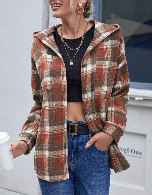 Load image into Gallery viewer, Ivy Lane Plaid Button Up Long Sleeve Hooded Jacket

