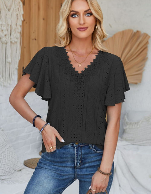 Load image into Gallery viewer, Eyelet Applique V-Neck Cap Sleeve T-Shirt

