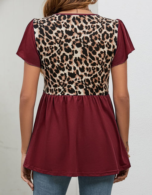 Load image into Gallery viewer, Leopard Round Neck Flutter Sleeve Babydoll Blouse
