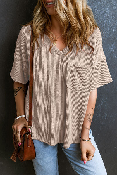 Load image into Gallery viewer, Textured V-Neck Dropped Shoulder T-Shirt
