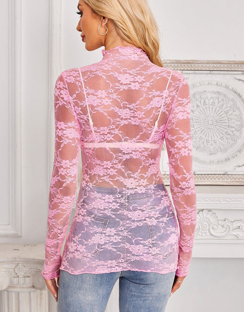 Load image into Gallery viewer, Mock Neck Long Sleeve Lace Sheer Top
