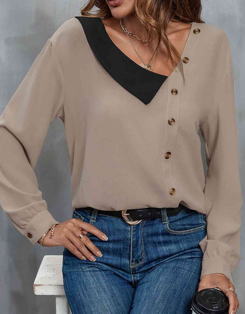 Load image into Gallery viewer, Asymmetrical Neck Buttoned Long Sleeve Top

