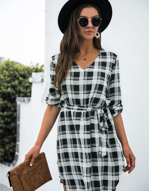 Load image into Gallery viewer, Plaid V-Neck Tie Waist Dress
