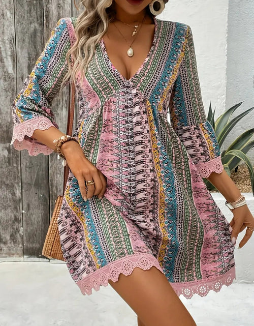 Load image into Gallery viewer, Lace Trim Printed V-Neck 3/4 Sleeve Dress

