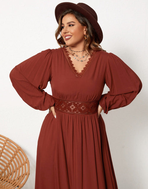 Load image into Gallery viewer, Plus Size Lace Detail V-Neck Balloon Sleeve Dress
