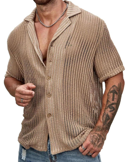 Load image into Gallery viewer, Men's Full Size Openwork Button Down Short Sleeve Shirt Plus Size
