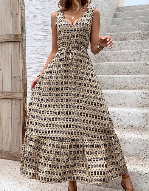 Load image into Gallery viewer, Perfee Printed V-Neck Tie Waist Midi Dress
