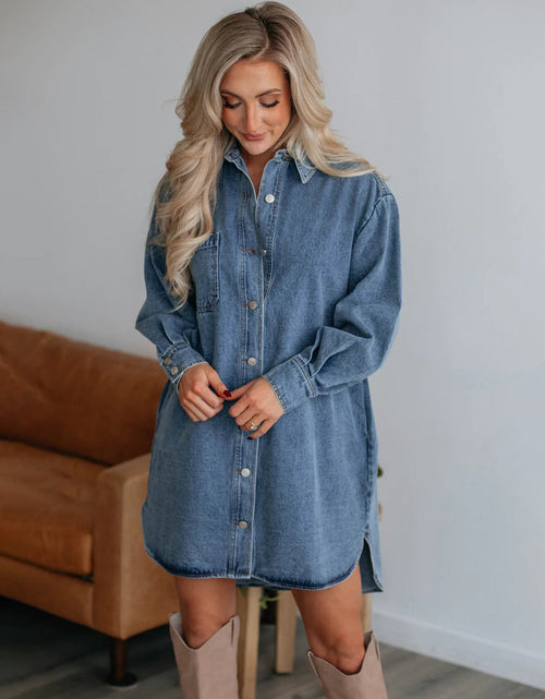 Load image into Gallery viewer, Button Up Collared Neck Long Sleeve Denim Dress
