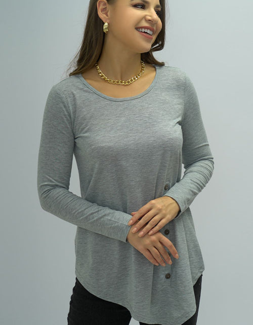 Load image into Gallery viewer, Shiny Buttoned Long Sleeve Round Neck Tee
