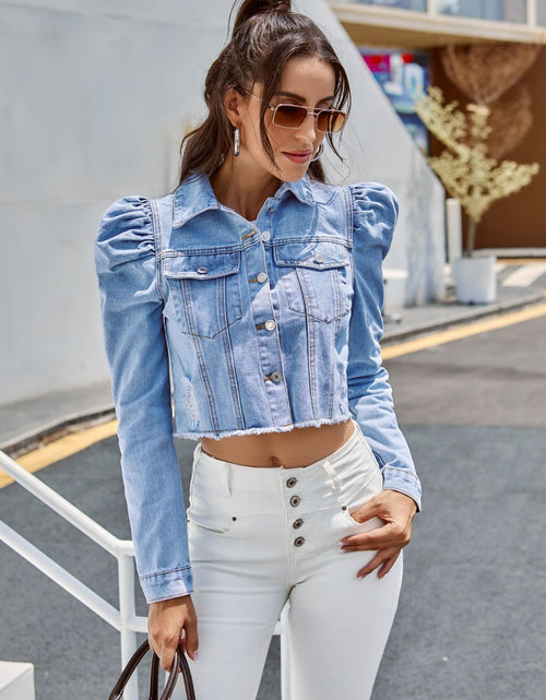 Load image into Gallery viewer, Button Down Raw Hem Cropped Denim Jacket

