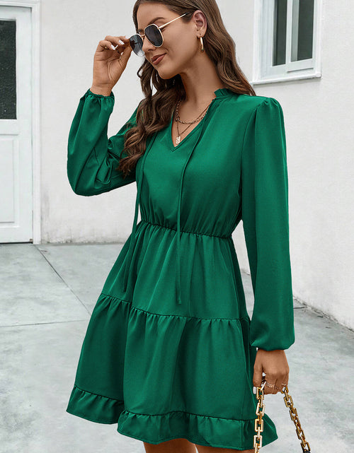 Load image into Gallery viewer, V-Neck Tie Neck Long Sleeve Dress
