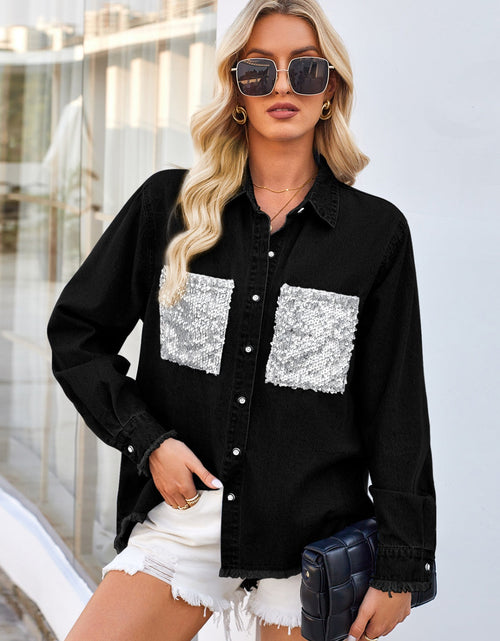 Load image into Gallery viewer, Raw Hem Button Up Long Sleeve Denim Jacket with Sequin Pockets
