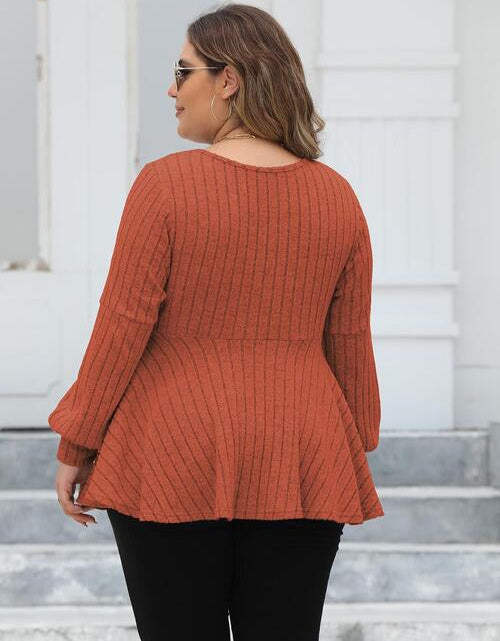 Load image into Gallery viewer, Plus Size Ribbed V-Neck Long Sleeve Blouse
