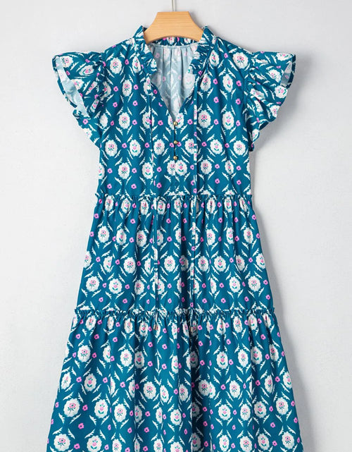 Load image into Gallery viewer, Printed Tie Neck Ruffled Cap Sleeve Dress
