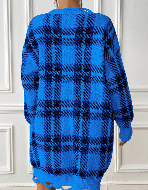 Load image into Gallery viewer, Plaid V-Neck Long Sleeve Sweater Dress
