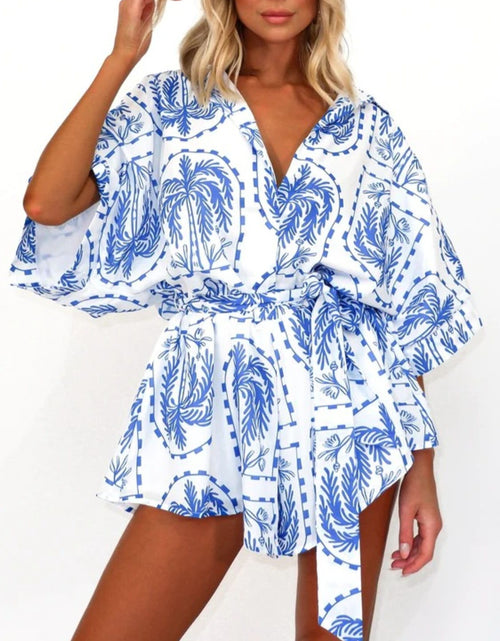 Load image into Gallery viewer, Printed Tie Waist Half Sleeve Romper

