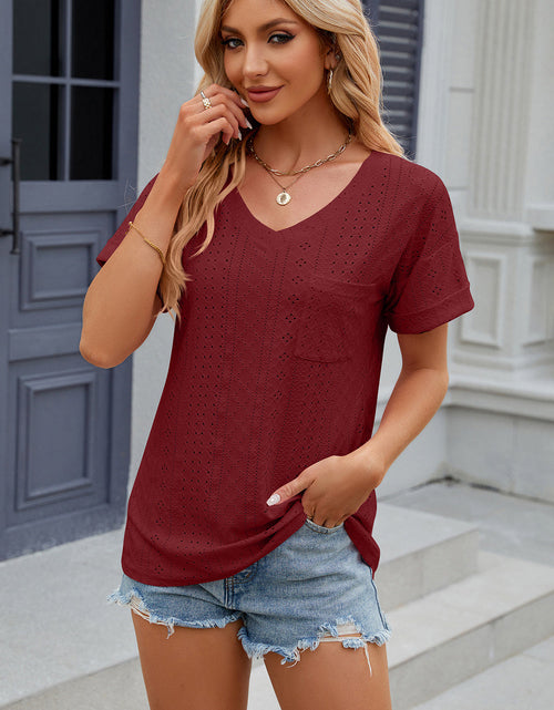Load image into Gallery viewer, Eyelet V-Neck Short Sleeve T-Shirt

