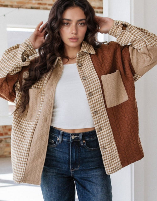 Load image into Gallery viewer, Color Block Houndstooth Collared Neck Shacket
