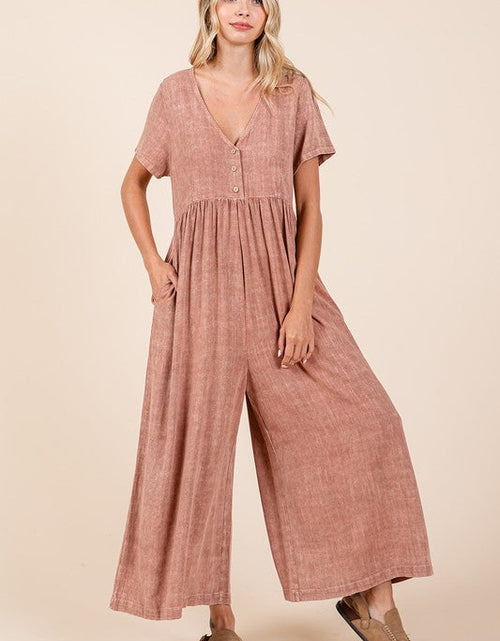 Load image into Gallery viewer, Mittoshop Mineral Wash Short Sleeve Flowy Wide Leg Jumpsuit
