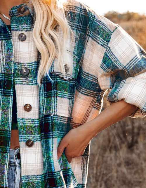 Load image into Gallery viewer, Pocketed Plaid Button Down Long Sleeve Shacket
