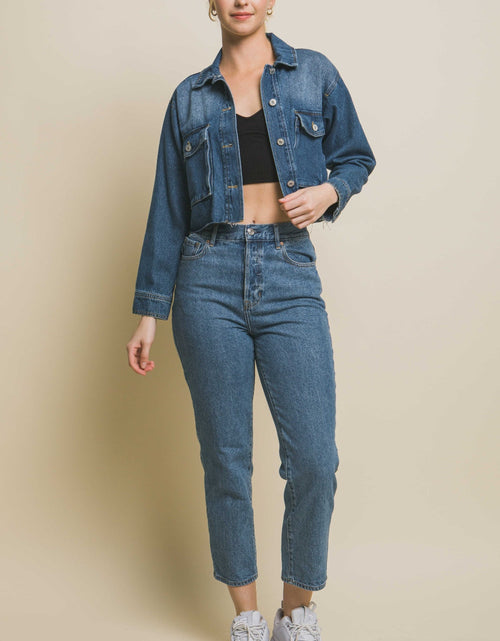 Load image into Gallery viewer, Love Tree Raw Hem Button Up Cropped Denim Jacket
