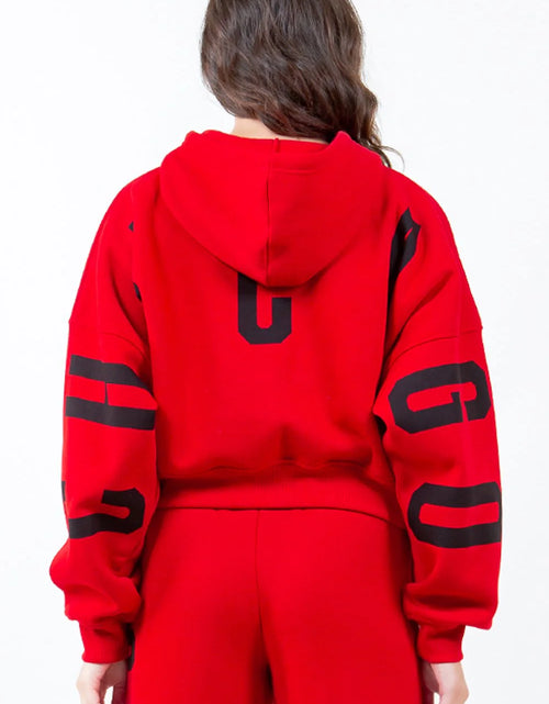 Load image into Gallery viewer, American Bazi Letter Graphic Long Sleeve Drawstring Cropped Hoodie
