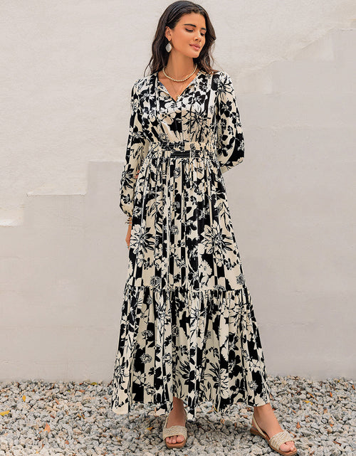 Load image into Gallery viewer, Smocked Printed Tie Neck Long Sleeve Dress
