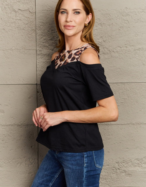 Load image into Gallery viewer, Perfee Leopard Print Round Neck Cold Shoulder Blouse
