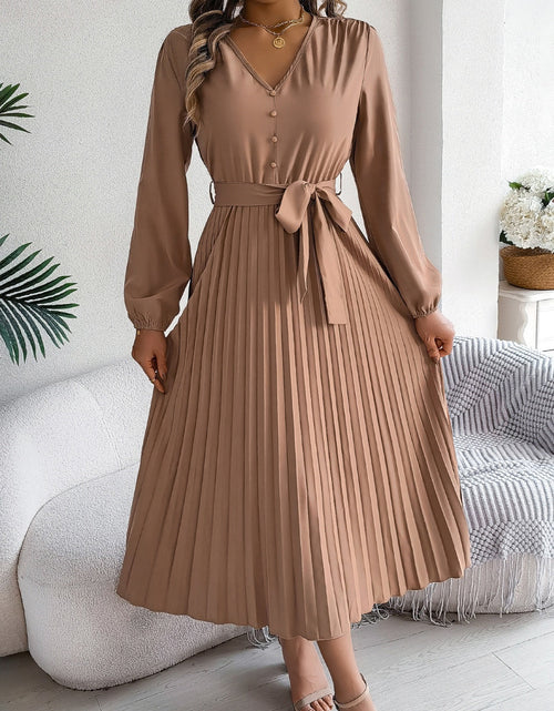 Load image into Gallery viewer, Pleated Tied V-Neck Long Sleeve Dress
