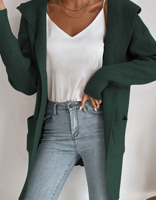 Load image into Gallery viewer, Perfee Ribbed Open Front Hooded Cardigan with Pockets
