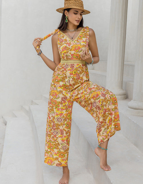 Load image into Gallery viewer, Printed V-Neck Tie Shoulder Jumpsuit
