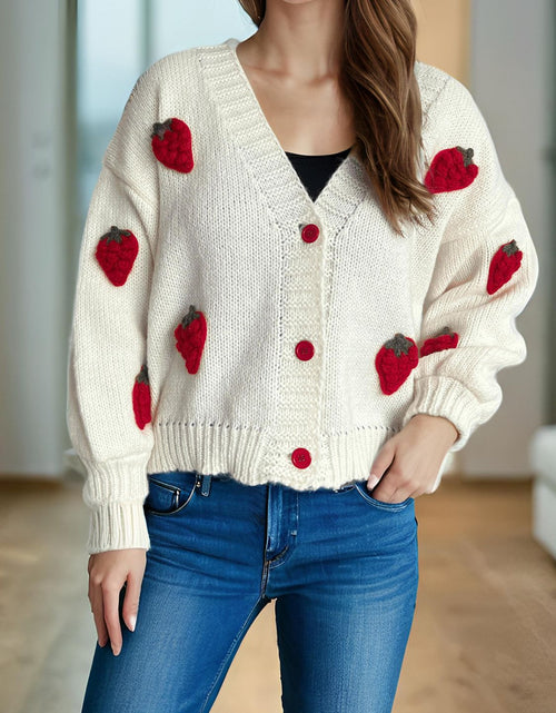 Load image into Gallery viewer, Crochet Strawberry V-Neck Long Sleeve Cardigan
