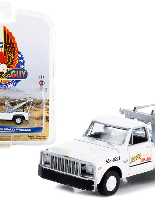 Load image into Gallery viewer, 1969 Chevrolet C-30 Dually Wrecker Tow Truck White "Jerry’s Towing" "Fall Guy Stuntman Association" Hollywood Special Edition 1/64 Diecast Model Car by Greenlight
