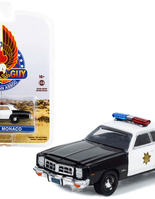 Load image into Gallery viewer, 1977 Dodge Monaco Police Black and White "County Sheriff's Department" "Fall Guy Stuntman Association" Hollywood Special Edition 1/64 Diecast Model Car by Greenlight
