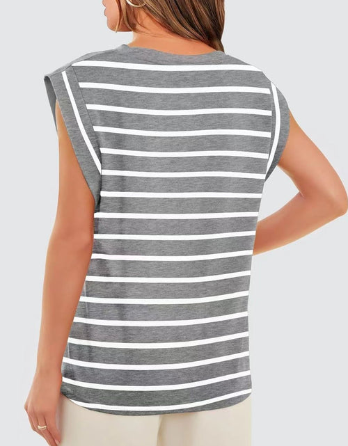 Load image into Gallery viewer, Florira Striped Round Neck Cap Sleeve T-Shirt
