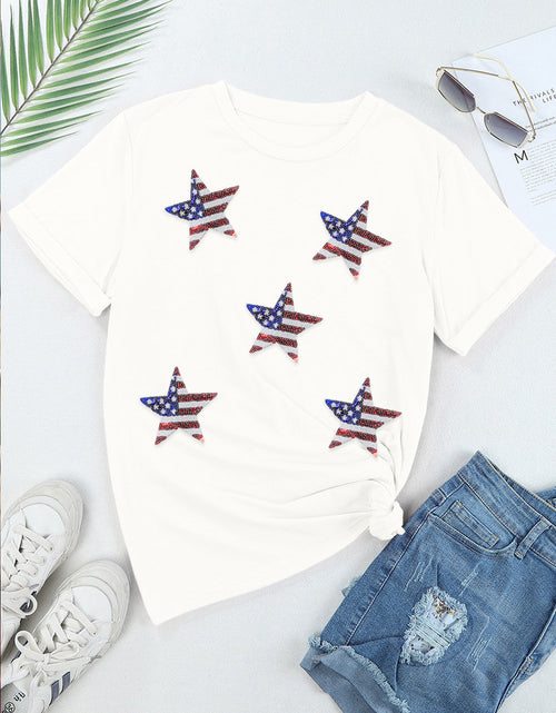 Load image into Gallery viewer, Sequin Star Round Neck Short Sleeve T-Shirt
