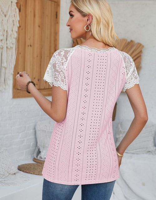 Load image into Gallery viewer, Eyelet V-Neck Lace Short Sleeve T-Shirt
