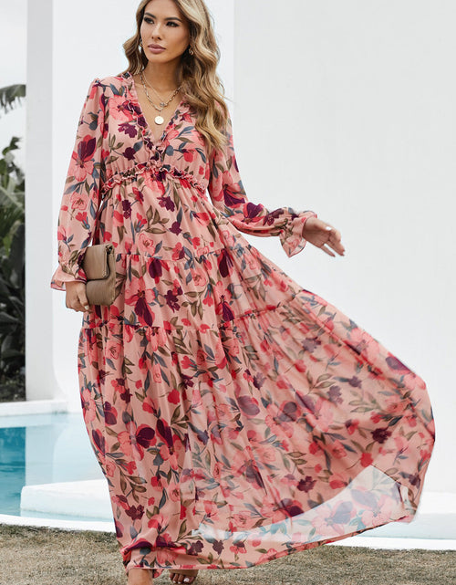 Load image into Gallery viewer, Floral Frill Trim Flounce Sleeve Plunge Maxi Dress
