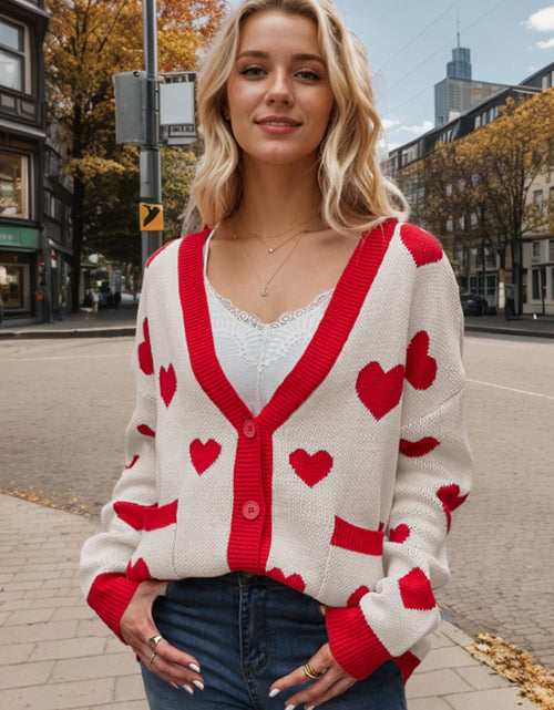 Load image into Gallery viewer, Heart Button Up Dropped Shoulder Long Sleeve Cardigan
