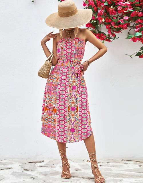 Load image into Gallery viewer, Printed Strapless Tie Belt Dress
