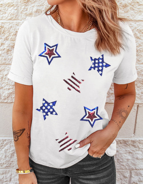 Load image into Gallery viewer, Sequin Star Round Neck Short Sleeve T-Shirt
