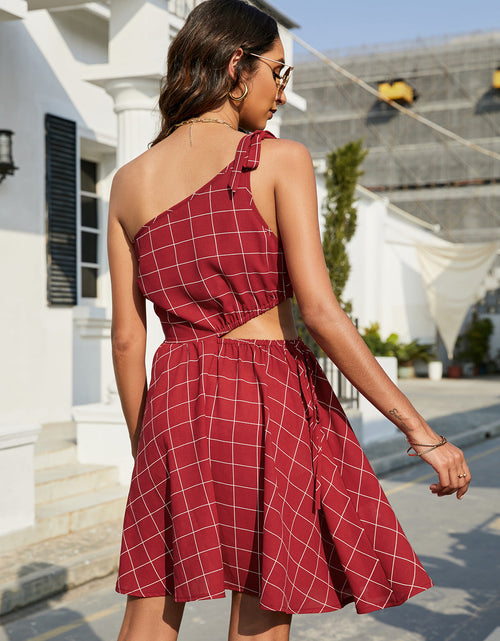 Load image into Gallery viewer, Grid One-Shoulder Tied Cutout Dress
