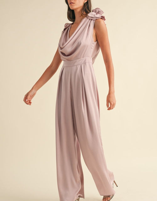 Load image into Gallery viewer, MABLE 3D Floral Applique Deep Cowl Neck Jumpsuit
