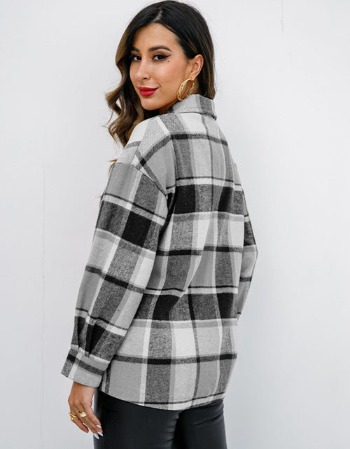 Load image into Gallery viewer, Shiny Plaid Button Up Collared Neck Jacket
