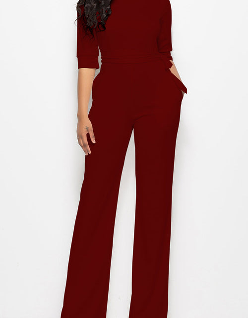 Load image into Gallery viewer, Mock Neck Tie-Waist Half Sleeve Jumpsuit
