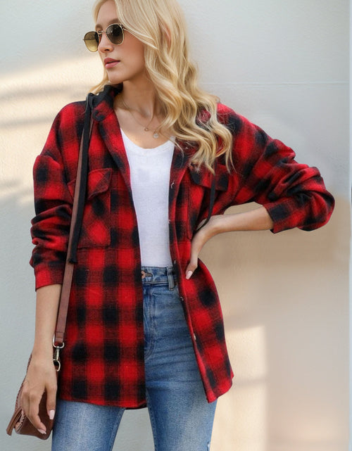 Load image into Gallery viewer, Double Take Drawstring Plaid Long Sleeve Hooded Shacket
