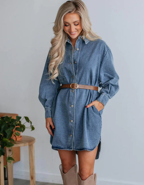 Load image into Gallery viewer, Button Up Collared Neck Long Sleeve Denim Dress
